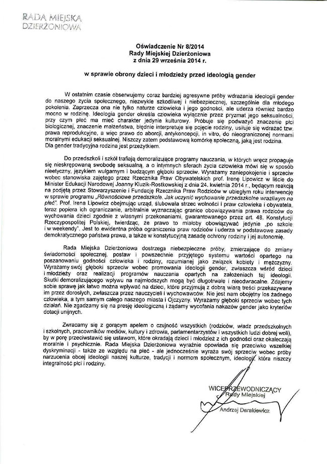 Oświadczenie RM RM 8/2014 Rady Miasta Dzierżoniowa.