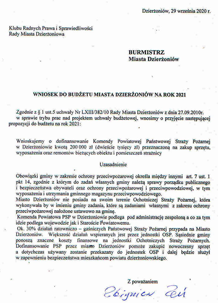Wniosek do budżetu miasta Dzierżoniów na rok 2021 - 29.09.2020.